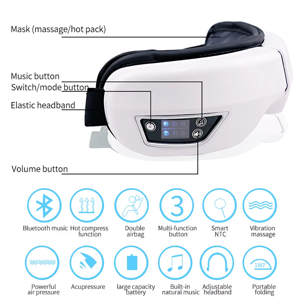 6D Smart Vibration Eye Massager – Hot airbag compress, Bluetooth music, eye fatigue relief, sleep mask.