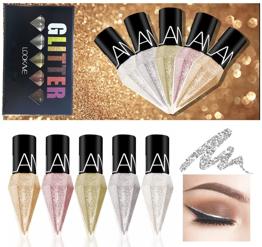 Glitter Liquid Eyeliner Set – 5 colors (white, silver, gold, diamond). Metallic shimmer, waterproof, long-lasting sparkle.