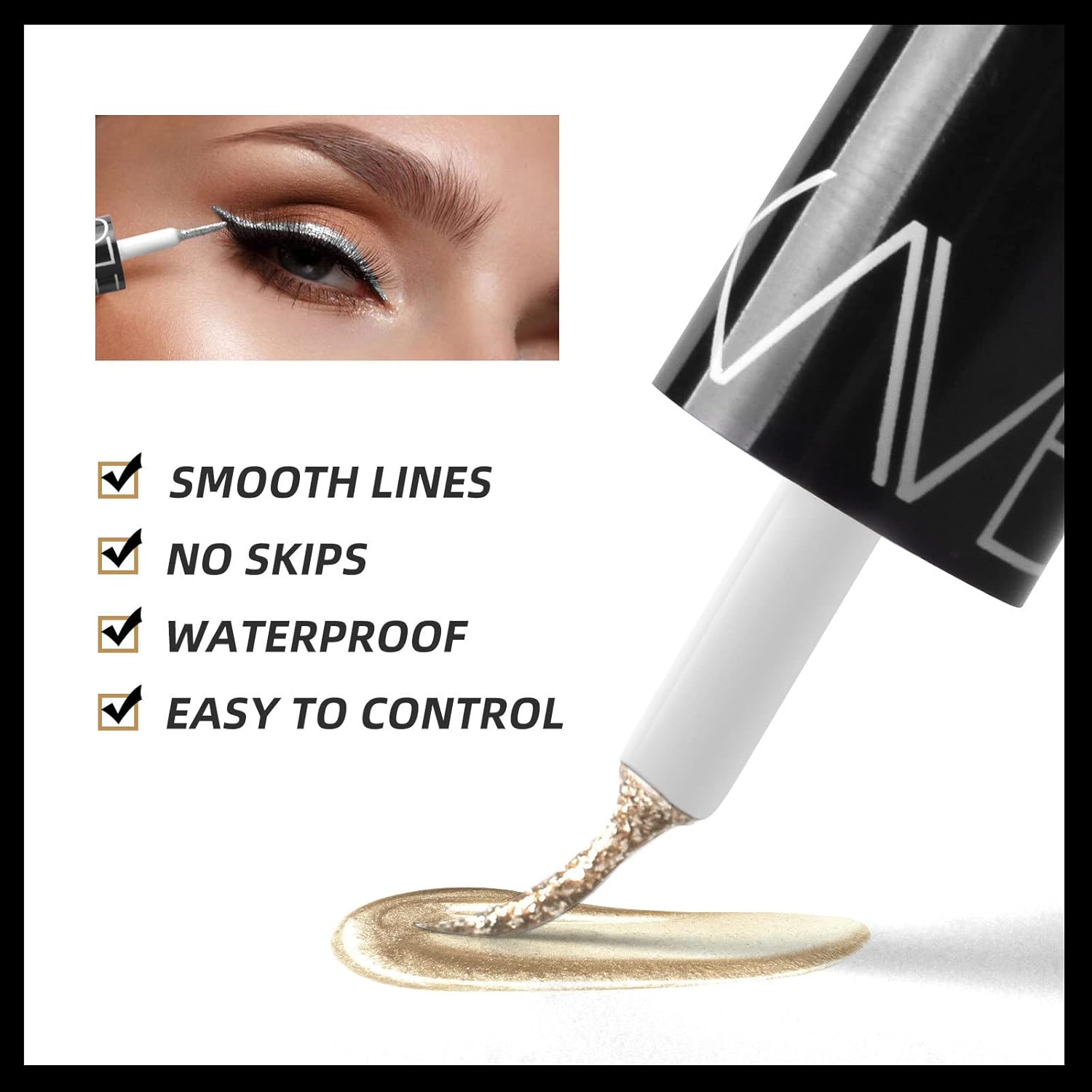 Glitter Liquid Eyeliner Set – 5 colors (white, silver, gold, diamond). Metallic shimmer, waterproof, long-lasting sparkle.