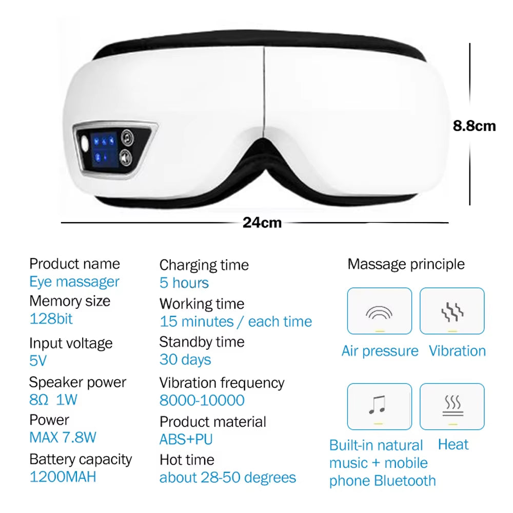 6D Smart Vibration Eye Massager – Hot airbag compress, Bluetooth music, eye fatigue relief, sleep mask.