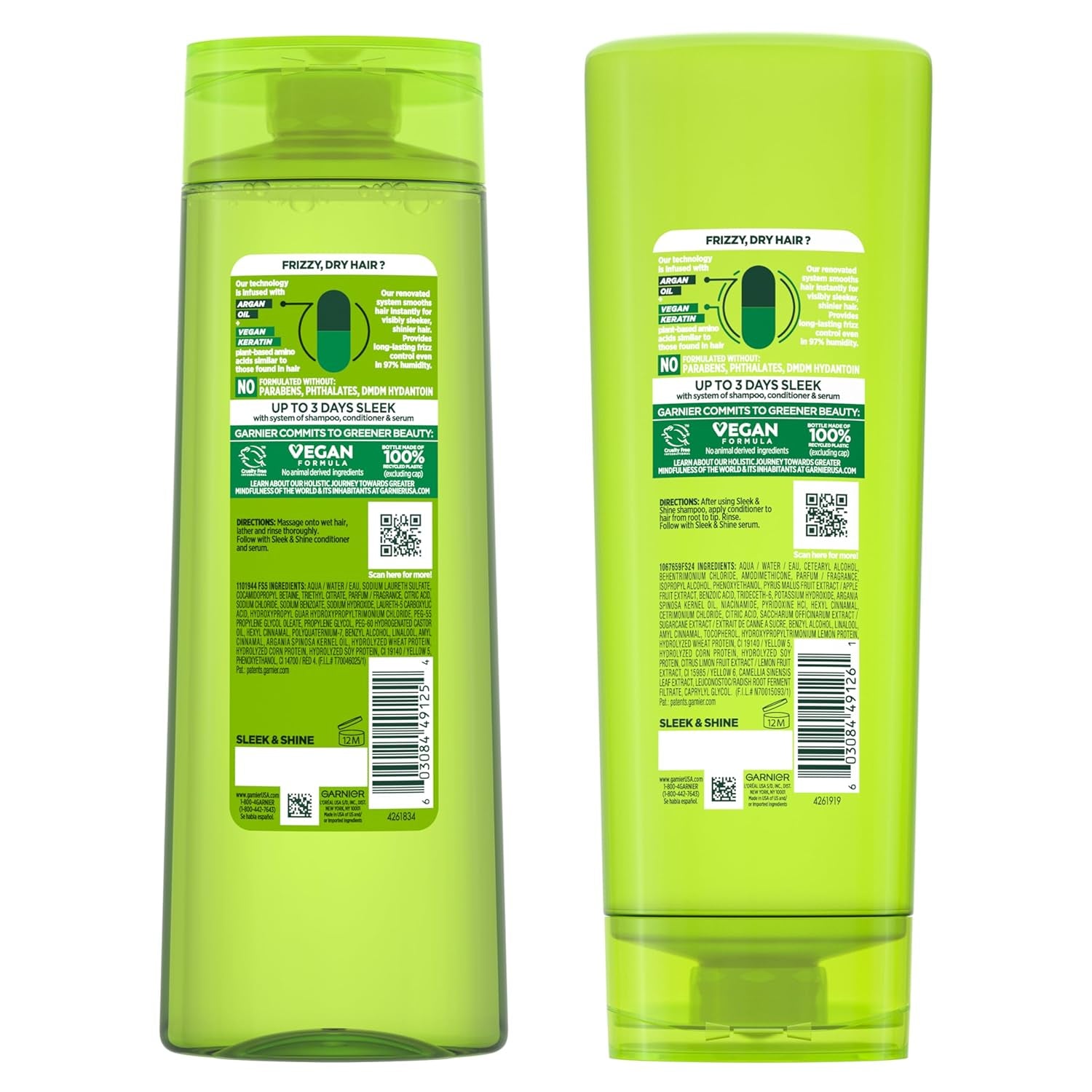 Fructis Sleek & Shine Shampoo (22 oz) + Conditioner (21 oz) – For frizzy, dry hair with plant keratin & argan oil. 1 kit.